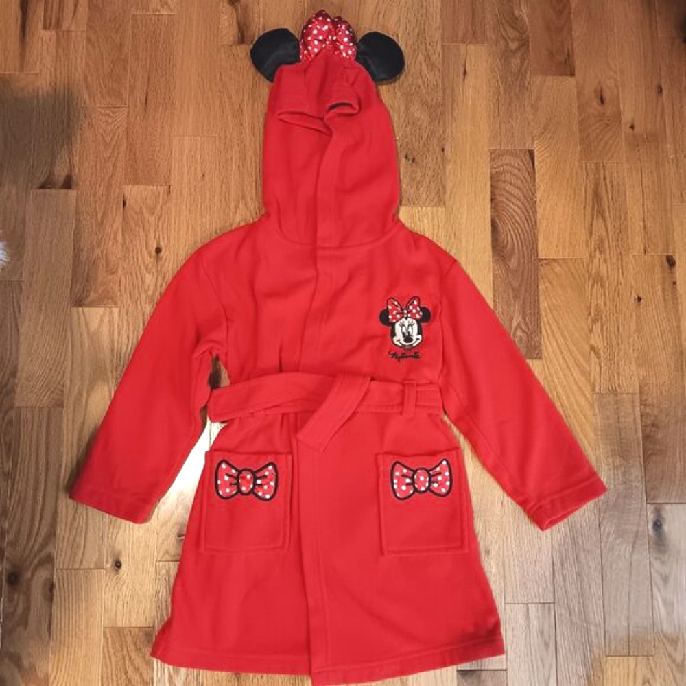 NWOT Disney Minnie Mouse Girls Fleece Bathrobe Red Hooded Robe with Ears Size 3T